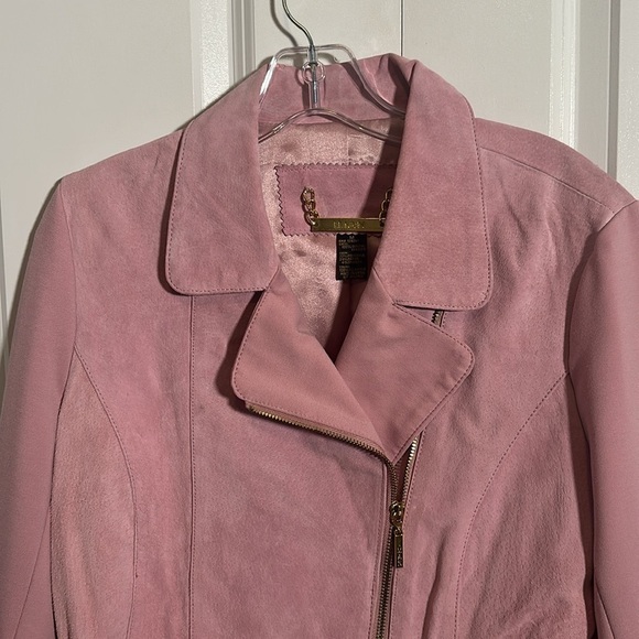 IMAN lined pink suede uneven zippered jacket, waist cinch tie, fabric sleeves, M - Picture 2 of 8